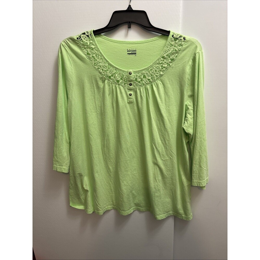 Basic Edition Woman 2x Green Blouse Shirt 3/4 Sleeve CHEST 52" Preown Lightweigh